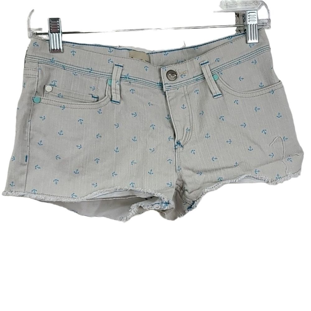 Roxy Anchor Print Denim Cutoff Shorts Gray Turquoise Nautical Shortie 5/27 Surf - Picture 2 of 11